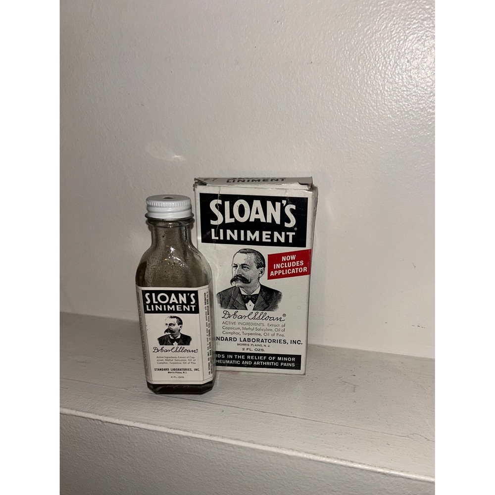 Vintage Sloan's Liniment Glass Bottle with Original Box 2 fl oz Apothecary Decor